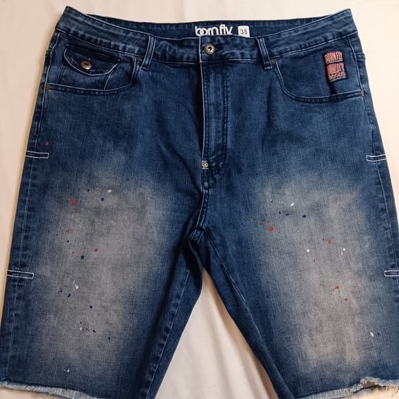 Born Fly Distressed Denim Shorts Size 38 Blue Paint Splatter Raw Hem - Picture 1 of 15